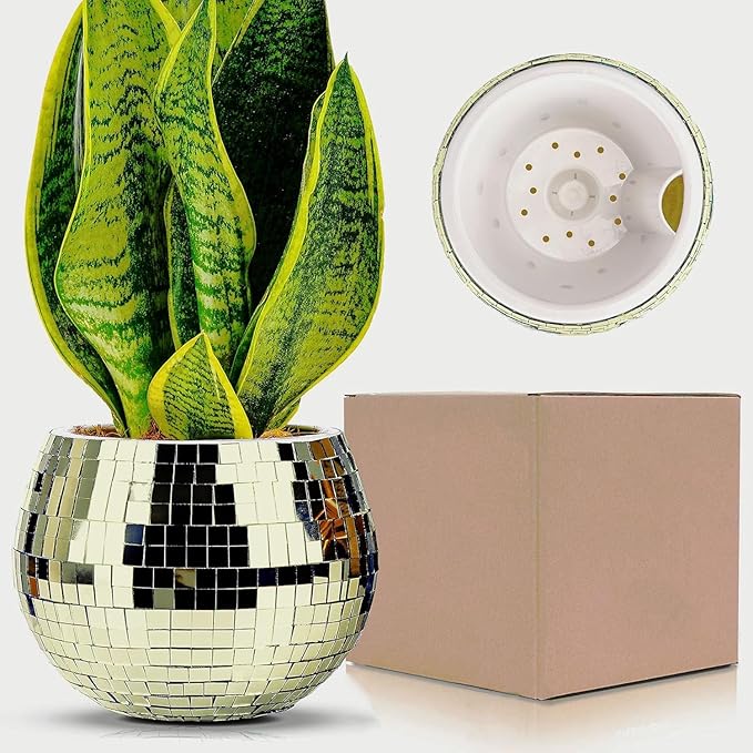 Disco Ball Planter,Disco Ball Vase,Plant Pot,Flower Pot,Mirror Plant Holder,Plastics Self Watering Disco Decor Planter for Small Plant, Party,Table,Office,Kitchen (Gold, 4X5IN)