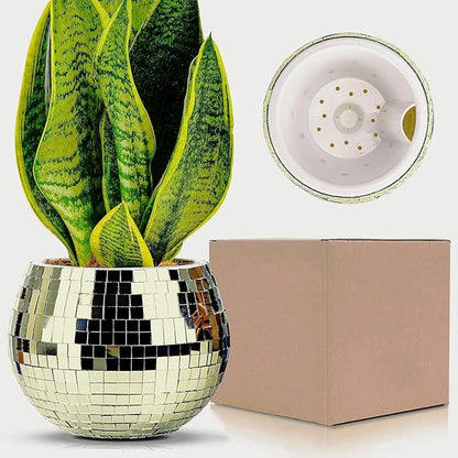 Disco Ball Planter,Disco Ball Vase,Plant Pot,Flower Pot,Mirror Plant Holder,Plastics Self Watering Disco Decor Planter for Small Plant, Party,Table,Office,Kitchen (Gold, 4X5IN)
