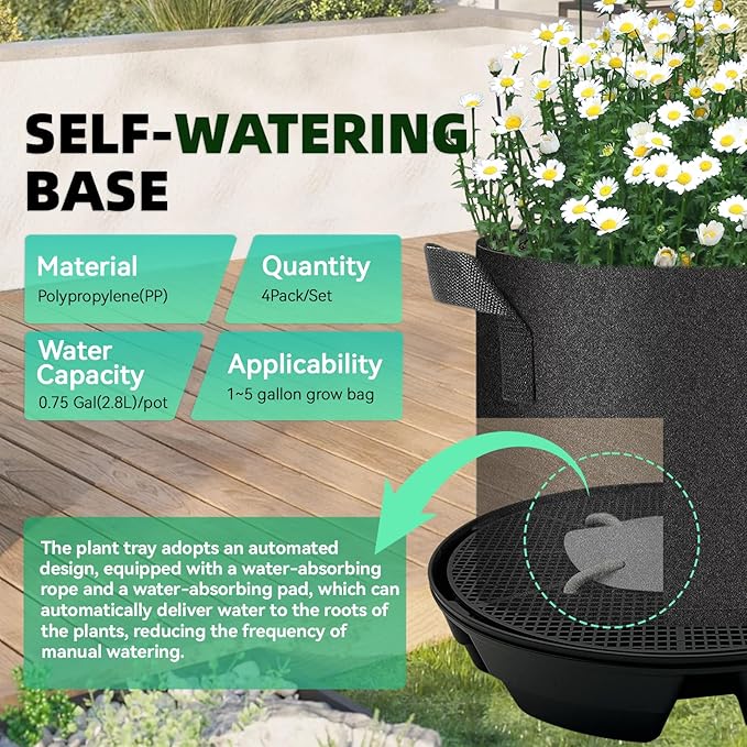 4 Pcs Self-Watering Fabric Planter Base, Auto-Irrigation System Plant Trays for 5 Gallon Fabric Planter Pots, Automatic Watering Trays for Indoor/Outdoor Grow Tents, Greenhouses, and Gardens