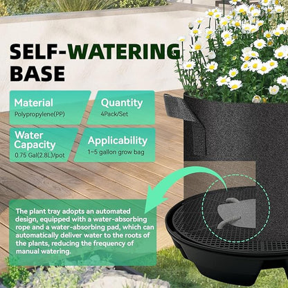 4 Pcs Self-Watering Fabric Planter Base, Auto-Irrigation System Plant Trays for 5 Gallon Fabric Planter Pots, Automatic Watering Trays for Indoor/Outdoor Grow Tents, Greenhouses, and Gardens