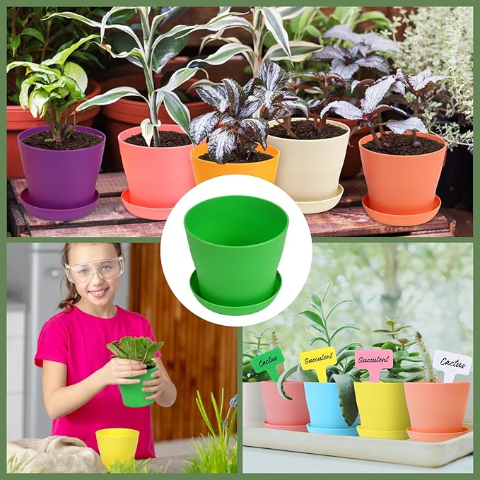 60 Pieces Plastic Planters 4 Inch Flower Pot with Trays Labels Multicolor Flower Plant Pots Plants Nursery Pots Flower Seedling Nursery Pots for Indoor Outdoor Plant, Herb, Succulent, 10 Color