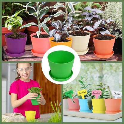 60 Pieces Plastic Planters 4 Inch Flower Pot with Trays Labels Multicolor Flower Plant Pots Plants Nursery Pots Flower Seedling Nursery Pots for Indoor Outdoor Plant, Herb, Succulent, 10 Color