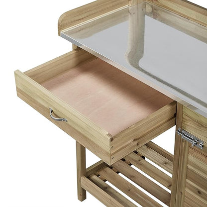 Topeakmart Garden Potting Bench Potting Table ACQ Lumber Wood Outdoor Work Station Work Bench Planting with Cabinet & Drawer & Top Shelf & Lower Shelf Light Green