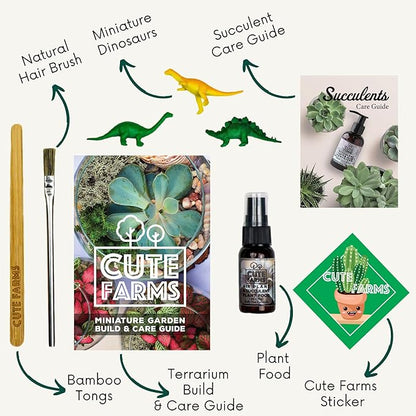 Cute Farms Terrarium Starter Kit | Moss, Vermiculite, Soil, Pebbles, Plant Food, Finishing Tools, Build and Care Guide | DIY Succulent Terrarium (Small)