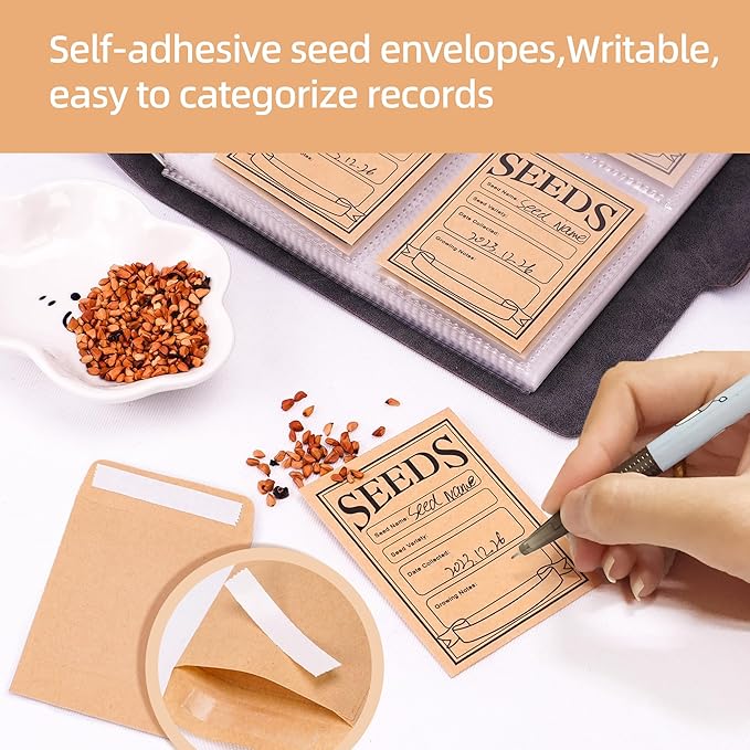 Seed Storage Organizer, Seeds Packet Binder with 100 Envelopes Garden Seed Packet Organizer Seed Collecting Template for Garden Vegetable, Flowers (Slot 2.8'' x 3.55'')