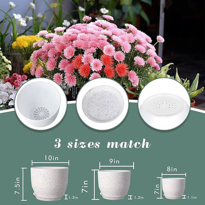 10/9/8 inch Plant Pots, 3 Pack Plastic Flower Pots Modern Flower Pots with Drainage Holes and Trays are for Indoor and Outdoor Plants, Herbs and Flowers,White Speckles
