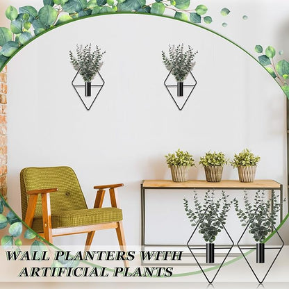 Jexine 4 Pcs Hanging Planters with Artificial Eucalyptus Metal Hanging Vase Indoor Plants Holder Modern Geometric Boho Bathroom Wall Decor for Living Room Home Office(Black)