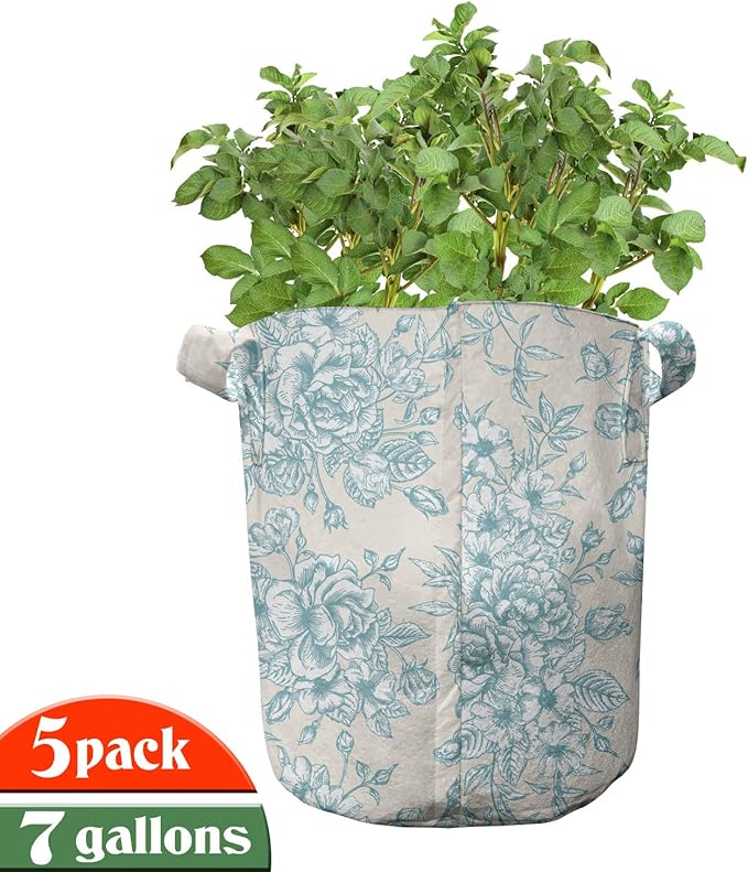 Ambesonne Vintage Grow Bags 5-Pack, English Garden Rose Romance, Heavyduty Fabric Pots with Handles for Plants, White Blue