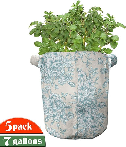 Ambesonne Vintage Grow Bags 5-Pack, English Garden Rose Romance, Heavyduty Fabric Pots with Handles for Plants, White Blue