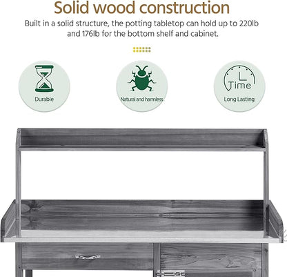 Topeakmart Garden Potting Bench Wooden Workstation Outdoor Wooden Potting Table W/Top Shelf & Lower Shelf & Cabinet Drawer & Open Shelf Gray