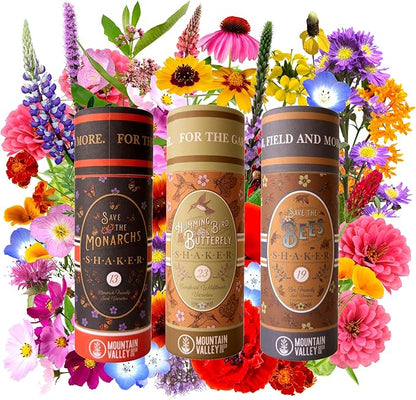 Pollinator Wildflower Seed Shaker Collection - ~300,000+ Wild Flower Seeds for Planting - Includes Hummingbird & Butterfly, Save The Monarchs, and Save The Bees Wildflower Mixes - Covers ~1,000 sq ft