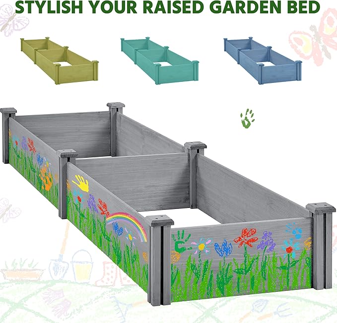 Topeakmart 95 x 25 x 11inches Wooden Elevated Raised Garden Bed 8x2ft Raised Kit Divisible - Garden Planter Boxes for Vegetables Outdoor Outside, Gray