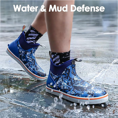 Kalkal Men's Deck Boots, Waterproof Fishing Rain Boots with High Traction, Men's Rubber Boots For Gardening Fishing Boating Camping Sailing