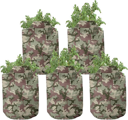 Ambesonne Camo Grow Bags 5-Pack, Pattern in Forest Colors, Heavyduty Fabric Pots with Handles for Plants, Dark Green