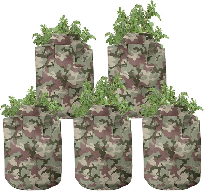 Ambesonne Ethnic Grow Bags 5-Pack, Boho Colorful Spring Garden, Heavyduty Fabric Pots with Handles for Plants, Navy Pink