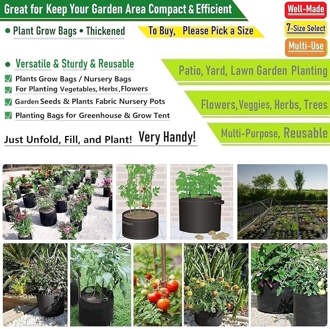 5-Pack 3 Gallon Thickened Plant Grow Bags (10x8 inch) Nursery Bags Fabric Plant Pots Garden Bag for Flower Pot,Herbs Veggies Planter Bag,Garden Pots,Barrel Planters,Plant Container W/ Gardening Gloves