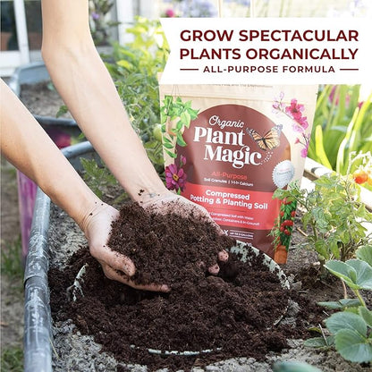 Organic Plant Magic - Fast Acting Soluble Plant Food All-Purpose Fertilizer Concentrate + Compressed Organic Potting Soil for Garden, Plants & Vegetables