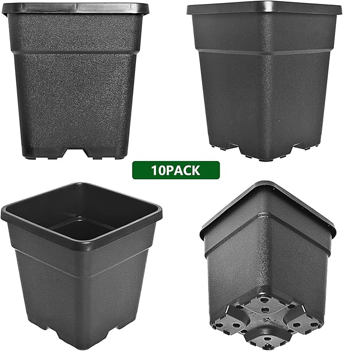 10-Pack 2 Gallon Square Planter Nursery Pots, Flower Plant Container Injection Molded Plastic Nursery Pots Gardening Pots for Indoor Outdoor Vegetables, Succulents, Black
