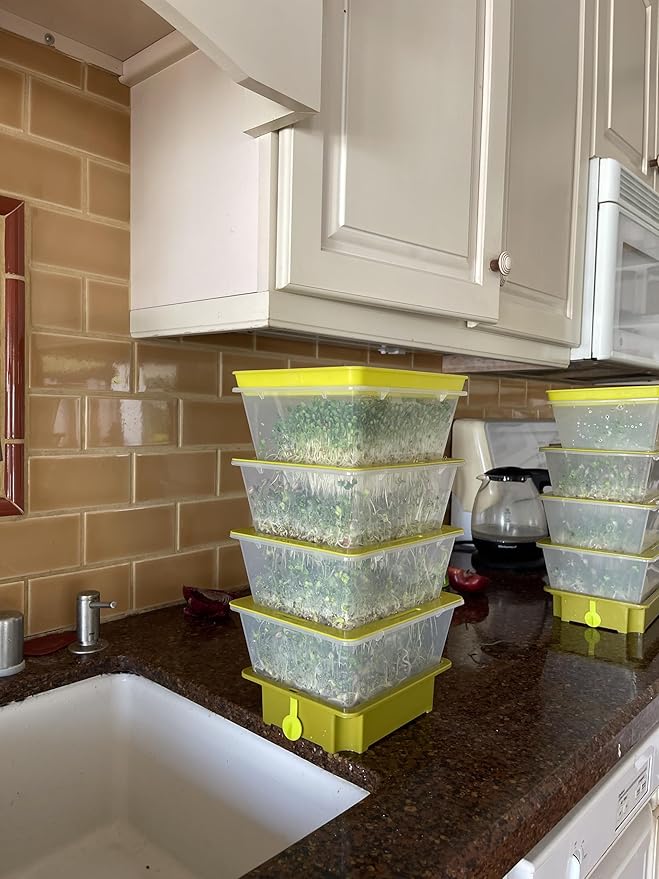 4-Tier Stackable Sprouting Kit with Sink Drain Spout & Ventilated Trays – Modular Seed Sprouter & Microgreens Germination System for Growing Broccoli, Alfalfa & Bean Sprouts.