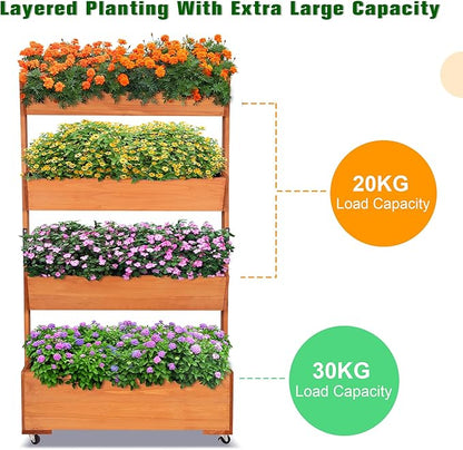 Wooden Elevated Garden Bed, Vertical 4-Storey Wooden Flowerpot Box with Wheels, Adjustable Flowerpot Box, Suitable for Outdoor and Indoor Balconies, Vanilla Garden Gardening Vegetables