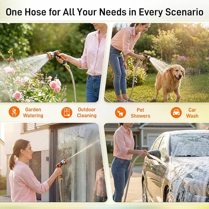 Garden Hose, 100ft 5/8" Stainless Steel Water Hose w/ 10-Mode Spray Nozzle, On/Off Valve, 523 PSI Burst, Anti-Kink, Lightweight All-Weather Flexible, Leakproof 3/4" Brass Male to Female Fittings