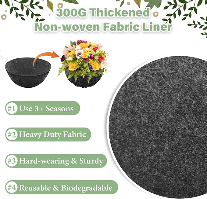 Riare 4 Pack 14 Inch Round Fabric Planter Basket Liner- Hanging Basket Liners Replacement Coco Fiber Liner Alternative for Hanging Basket Flowers (Prevent Birds from Nesting)