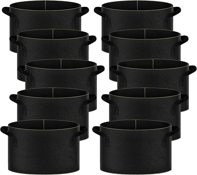 iPower 15-Gallon 10-Pack Grow Bag Thickened Nonwoven Fabric Pots Heavy Duty Aeration Container with Strap Handles for Garden and Planting Vegetable Flowers, Black with Green Stitch Sewing