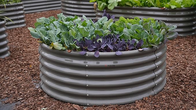 A ANLEOLIFE 14-Piece 18 Inch Tall Raised Garden Beds Kit, Heart-Shaped, Large Oval & Round Metal Planters – Ideal for Backyard Vegetables Flowers Herbs, Quartz Grey