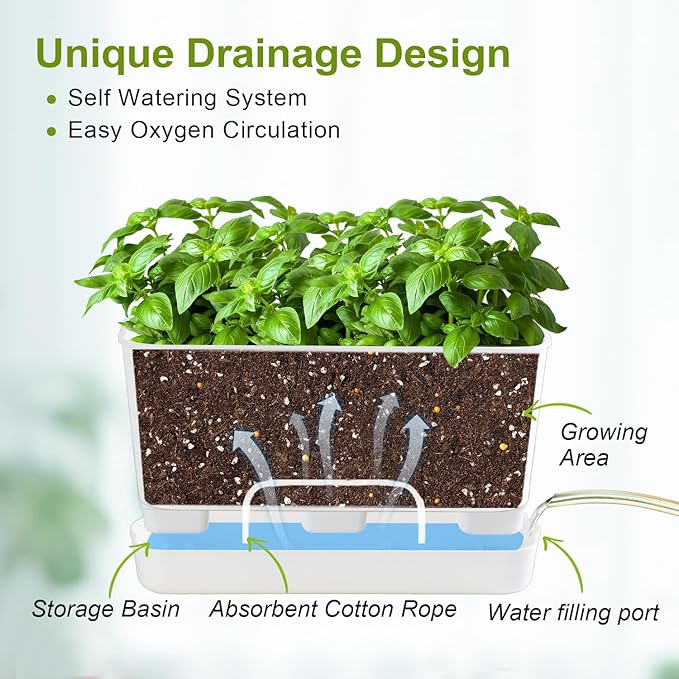 Self Watering Planters: 4 Packs Rectangular Plant Pots with with Drainage and Tray, 10 Inch Window Pot Self Watering Planter for Herb, Houseplants