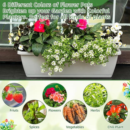 12 Pack Window Box Planter 17 Inches Rectangular Vegetable Flower Planters with Drainage Holes and Saucers Plastic Flower Pots Coloful Herb Planter for Indoor Outdoor Patio Garden Home Decor