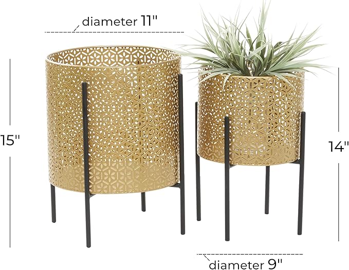 CosmoLiving by Cosmopolitan Metal Indoor Outdoor Planter Floral Cutout Small Planter Pot with Removable Stand, Set of 2 Planters 15", 14"H, Gold