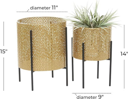 CosmoLiving by Cosmopolitan Metal Indoor Outdoor Planter Floral Cutout Small Planter Pot with Removable Stand, Set of 2 Planters 15", 14"H, Gold