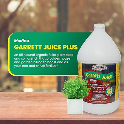 Medina Garrett Juice Plus -Liquid Plant Food & Fertilizer for Houseplants, Lawn, & Garden | Foliar Solution & Growth Enhancer, Ideal for Potted & Patio Plants | Nitrogen-Rich Liquid Fertilizer - 1 Gal