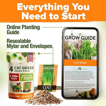 HOME GROWN Cat Grass Seed Mix – Non-GMO Oat, Alfalfa, Rye & Wheat Seeds for Cats | Indoor Pet Grass with Fast Germination | Digestive Aid, Hairball Relief & Safe Chew Alternative