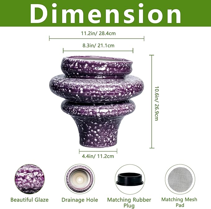Ceramic Plant Pots - 11 Inch Ceramic Planters for Indoor Outdoor Plants, Large Unique Flower Pots with Drainage Hole, Decorative Planters, Home Decor, Plants Lover Gifts, Purple