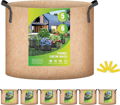 iPower Plant Grow Bag 5 Gallon 6-Pack Heavy Duty Fabric Pots, 300g Thick Nonwoven Fabric Containers Aeration with Nylon Handles, for Planting Vegetables, Fruits, Flowers, Tan 2024 Version