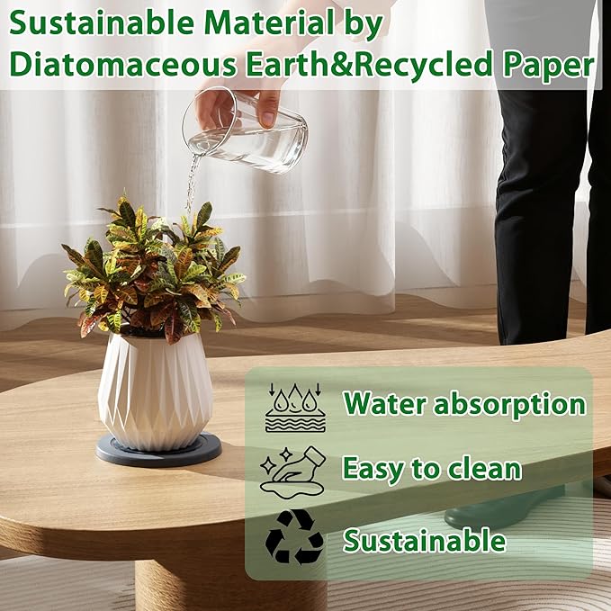 Plant Saucer Flower Pot Saucers Plant Trays for Pots Instant Dry Diatomaceous Earth Round Plant Drip Trays for Indoors Keeping Counter and Floors Dry and Clean (2Pcs Grey Small)