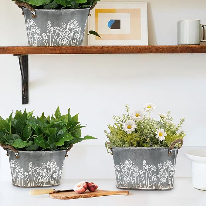 3 Pack Oval Galvanized Planter Tubs, Garden Metal Rustic Flower Pots for Outdoors, Rustproof Tin Bucket Vintage Plant Pot, Large Shallow Flower Bucket with Handles
