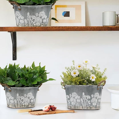 3 Pack Oval Galvanized Planter Tubs, Garden Metal Rustic Flower Pots for Outdoors, Rustproof Tin Bucket Vintage Plant Pot, Large Shallow Flower Bucket with Handles