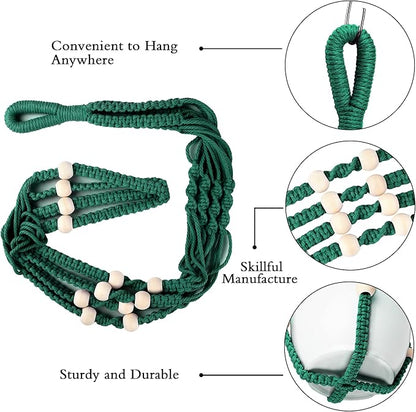 Augshy Macrame Plant Hangers Dark Green Hanging Planters for Indoor Outdoor Home Decor, Hanging Plant Holder No Tassels Set of 2 with 4 Hooks