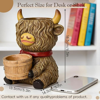 Highland Cow Succulent Planter Decor - Cute Resin Flower Pot for Indoor Plants(Drainage Hole and 2 Pots), Home Desk Decor, Best Gift for Plant Lovers, Garden Backyard Cow Stuff Statue, 6.5”H x 5.5”W