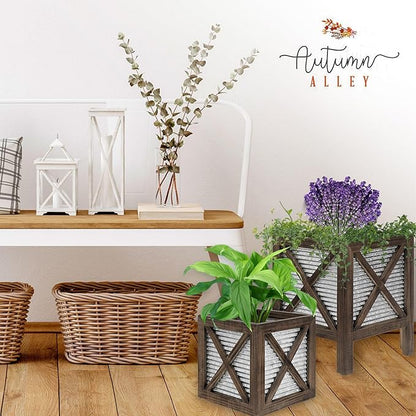 Autumn Alley Farmhouse Front Porch Planters Set of 2 Stand with Galvanized Corrugated Metal Planter for Outdoors/Indoors - Rustic Wood Square Planters Box on Legs – Charming Farmhouse Décor, Brown