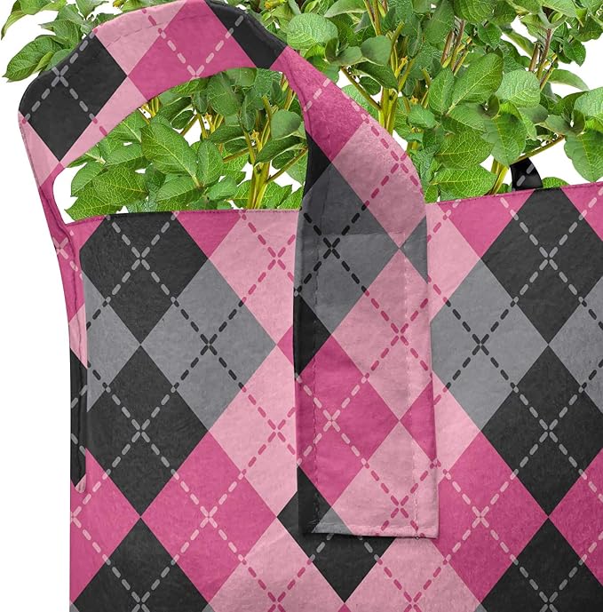 Ambesonne Pink Grey Grow Bags 5-Pack, Diamonds and Lozenges, Heavyduty Fabric Pots with Handles for Plants, Pale Pink Black Grey