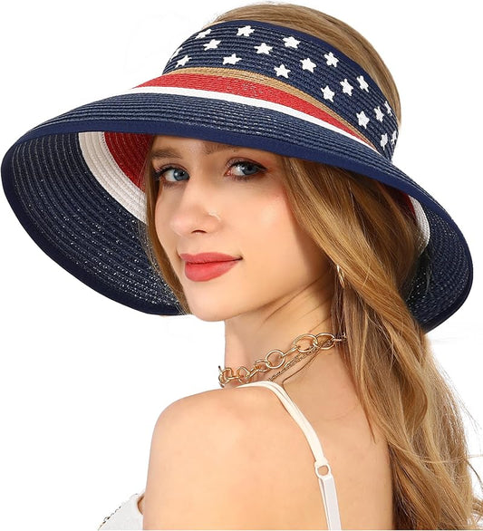Womens Beach Straw Sun Hats Ponytail Hole Wide Brim Summer Visor Foldable Hat Sun Protection Packable for Travel Pool