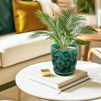 Ceramic Plant Pots, 6 Inch Indoor Plant pots with Drainage Hole and Saucer, Flower Pots, Leaf Embossed - Green Glaze, Set of 2