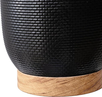 8 Inch Black Woven Ceramic Planter Pot with Wood Grain Base, Indoor Outdoor Flower Pot with Removable Drainage Hole, 3.5 Qt Capacity for Herbs, Succulents, Patio & Home Decor