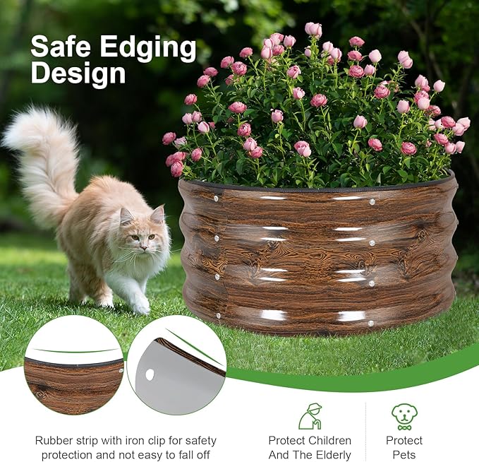 Galvanized Raised Garden Bed- 2Pcs Metal Planter Boxes Outdoor | 12" Tall 24" Round Steel Raised Bed Kit & Fire Pit Ring for Gardening with Protective Tape for Vegetables (Wood Grain)
