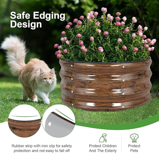 Galvanized Raised Garden Bed- 2Pcs Metal Planter Boxes Outdoor | 12" Tall 24" Round Steel Raised Bed Kit & Fire Pit Ring for Gardening with Protective Tape for Vegetables (Wood Grain)