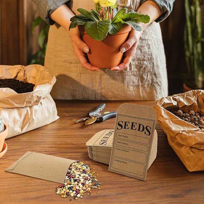 LOTMER 200 Pieces Seed Saving Envelopes, 3.2x4.8 Inch Seed Packets Envelope, Sealing Kraft Seed Packets Envelope for Fruit Vegetable