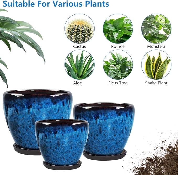 Ceramic Plant Pots with Saucer,8 inch Glaze Planters for Indoor Plants with Drainage Holes, Decorative Flower Pots Outdoor, Modern Orchid Pots for Home Room Decor
